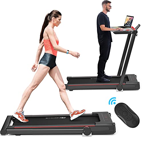 Goplus 3-in-1 Treadmill with Desk, 2.25HP Folding Electric Treadmills, Large LED Display,Remote Control, Bluetooth Speakers, Walking Jogging Machine for Home/Office Use (Black)